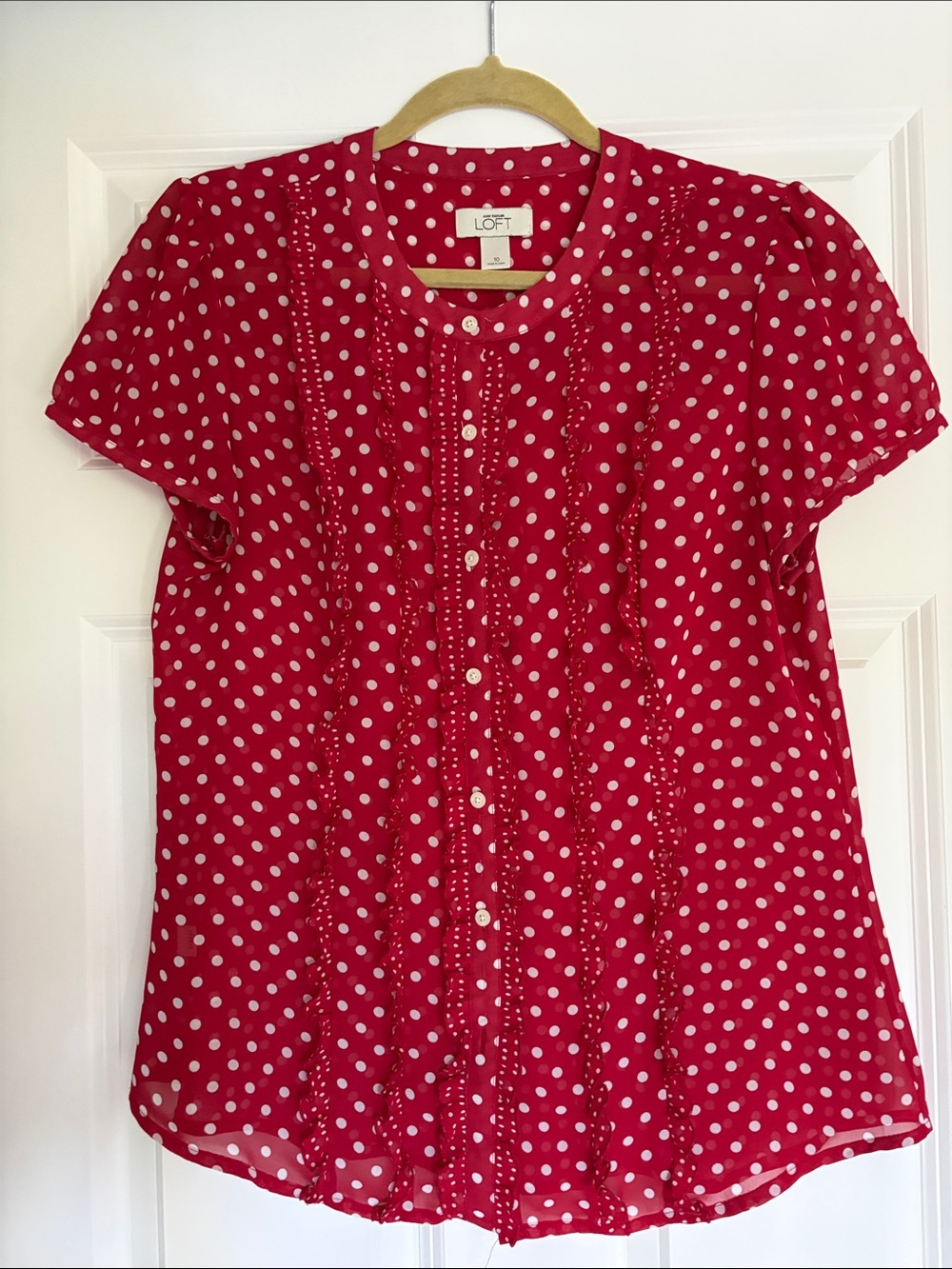 LOFT Red Polka Dot Ruffle Button-Front Blouse